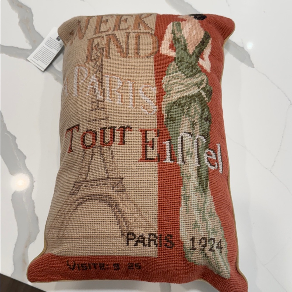Weekend in Paris Decorative Pillow - Needlepoint Beige and Orange